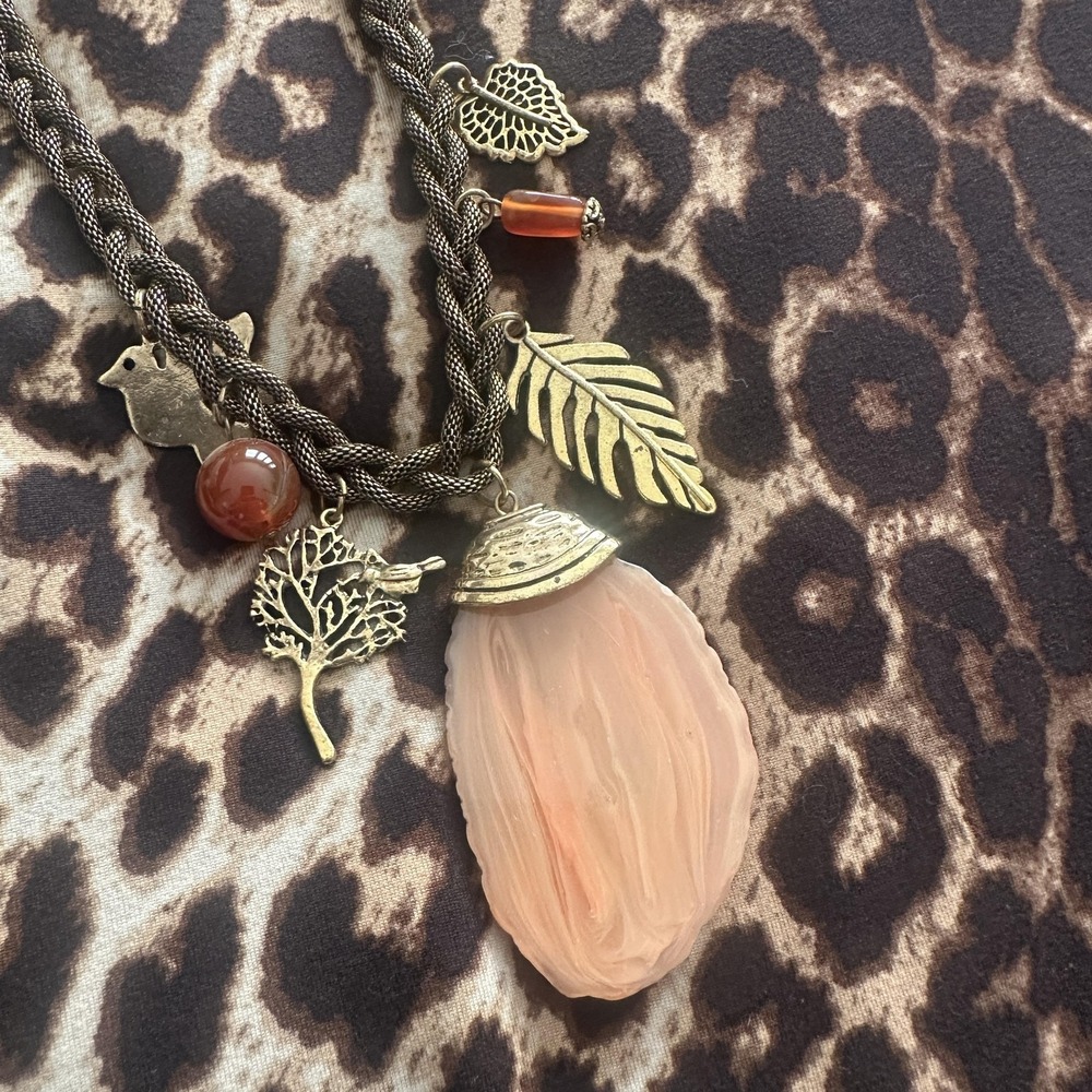 Gold Tone Peach Resin Pendant Charm Necklace Tree Bird Leaf Statement Womens